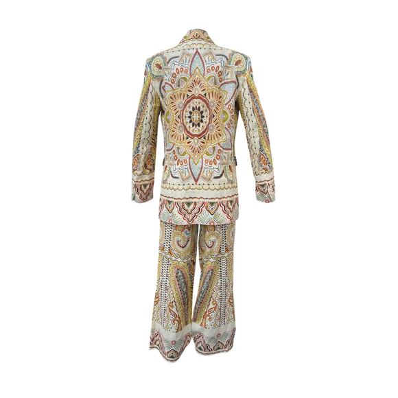 Zara Printed Linen Blend Set Blazer Flare Leg Pants Women's Small Multicolor - Picture 2 of 10